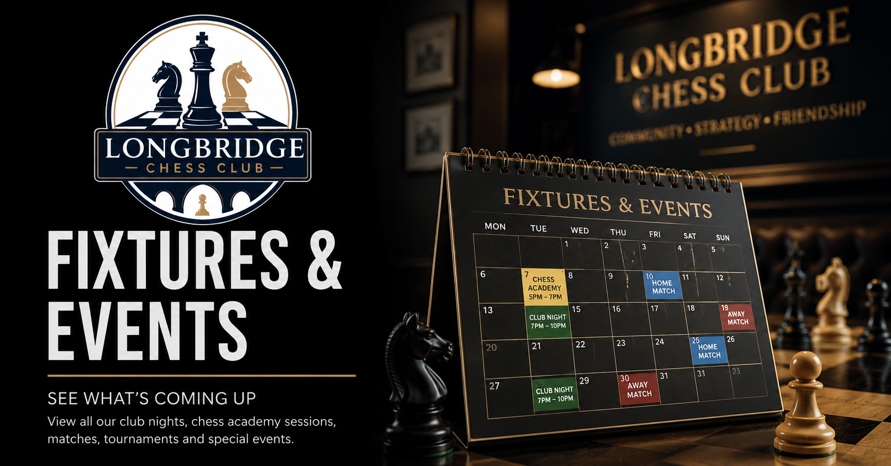 Longbridge Chess Club Fixtures and Events banner featuring a chess-themed calendar with club nights, academy sessions, home matches and away fixtures displayed alongside chess pieces in a warmly lit club setting.
